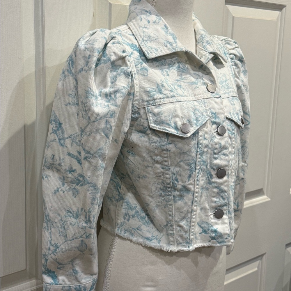 Elie Tahari Cropped Denim Jacket Floral Puff Sleeve Blue White Size S - Picture 5 of 7